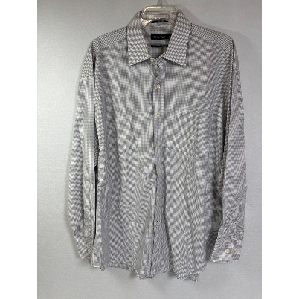 Nautica Men XL DressShirt Blue White Micro Check 100% Two-Ply Cotton Long Sleeve